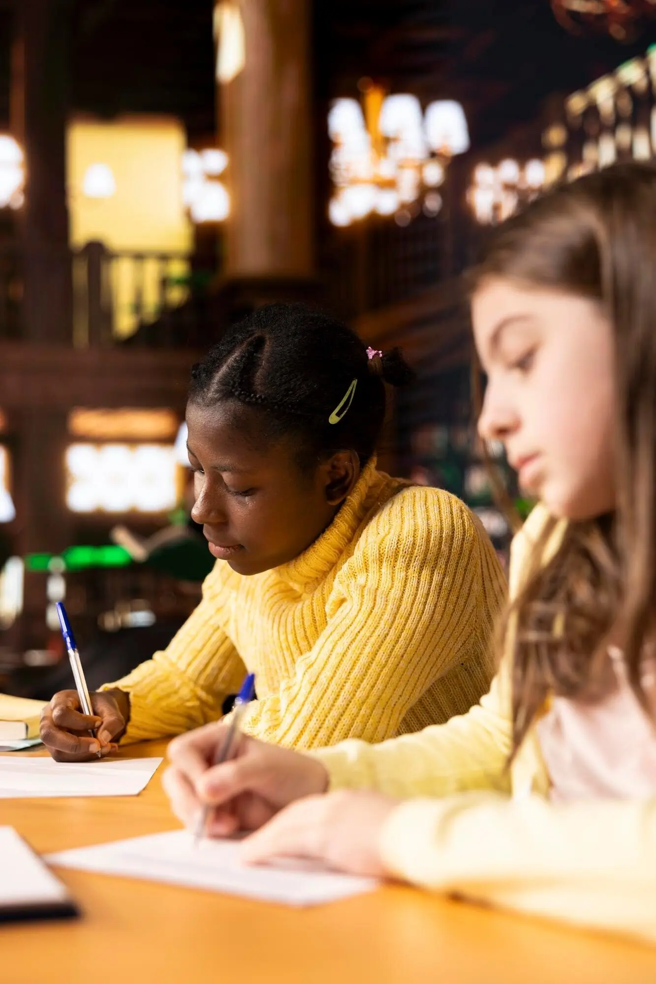 Разнообразные подростки учатся за столом в библиотеке с учебниками и ручками.